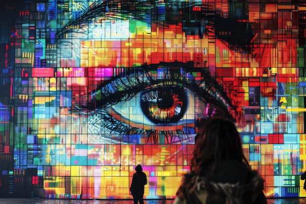 Photo spectacular urban mural featuring colorful eye design captivates passersby in vibrant city square at night