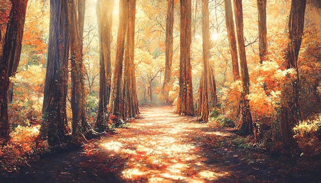 Spectacular warm autumn scenery in the thick forest Digital art 3D illustration