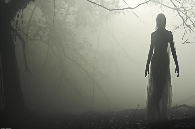 Photo a spectral figure standing at the edge of a misty fo