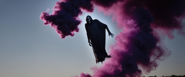 Photo spectral ghoul hovers midair enveloped in eerie purple smoke evoking fear