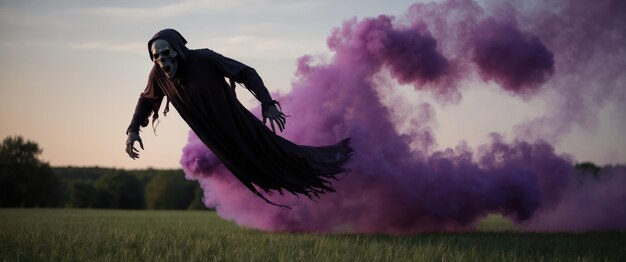 Photo spectral ghoul hovers midair enveloped in eerie purple smoke evoking fear