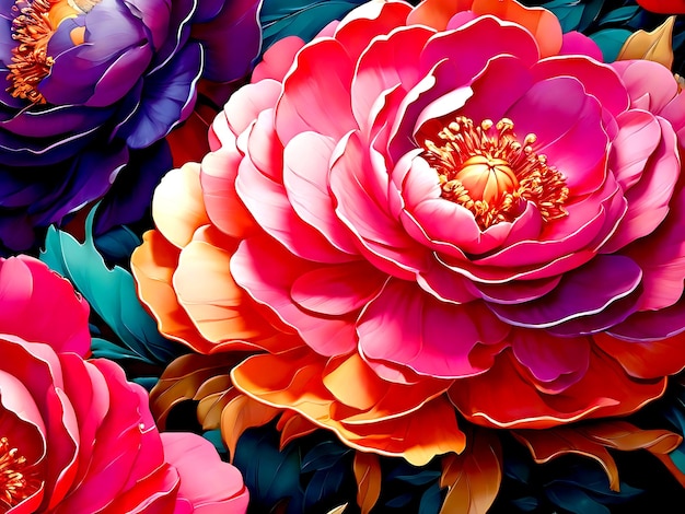 spectral light illuminates transparent bright deep colored_peonies_abstract flower_art generative_ai