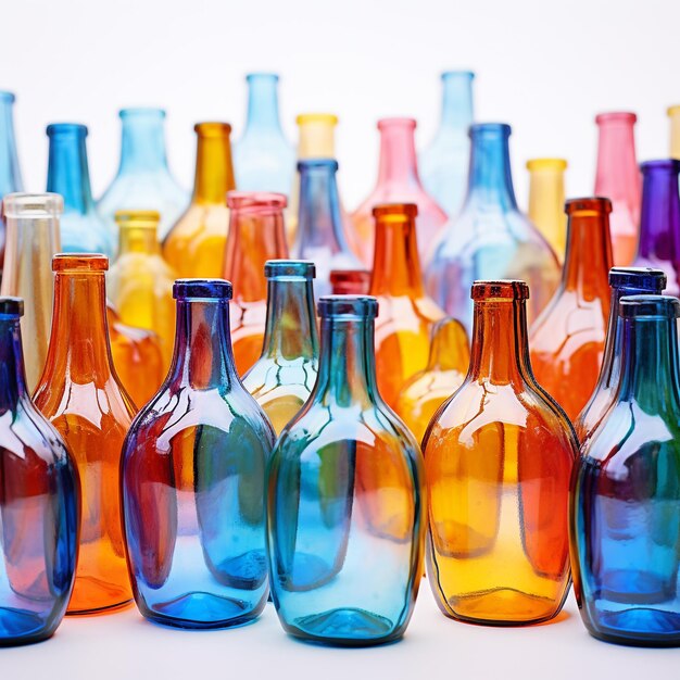 Spectrum of creativity Vibrant glass bottles on a white backdrop with ample space for text