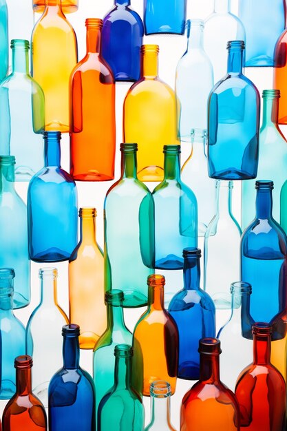 Spectrum of creativity Vibrant glass bottles on a white backdrop with ample space for text