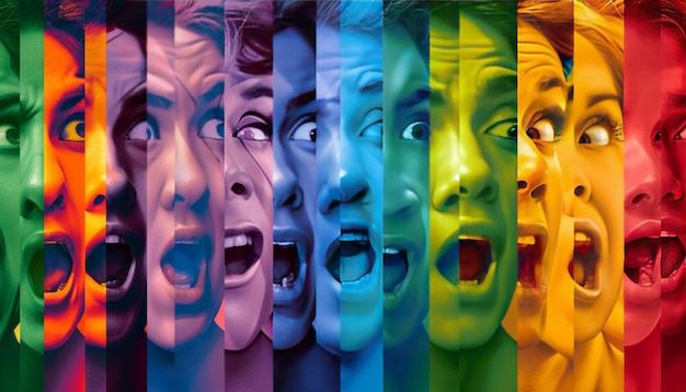 Photo a spectrum of faces showing various emotions arranged a colorful rainbow pattern