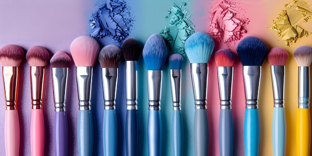 A spectrum of makeup brushes arranged in a neat row formation Concept Makeup Brushes Colorful Spectrum Neat Formation Beauty Products