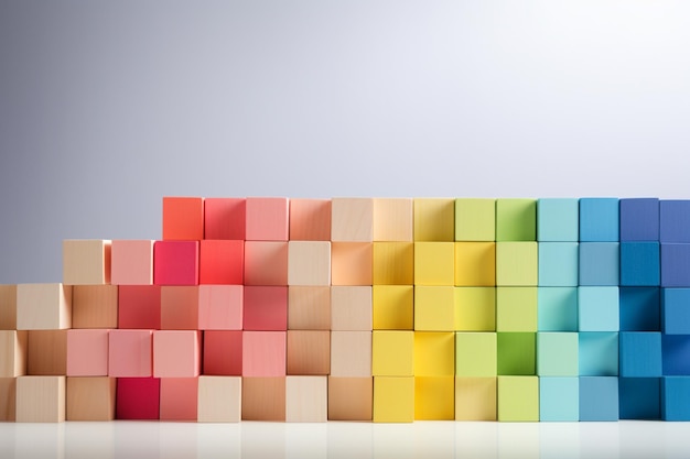 Spectrum of stacked multicolored wooden blocks Background or cover for something creative