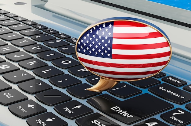 Speech balloon with the United States flag on keyboard laptop 3D rendering