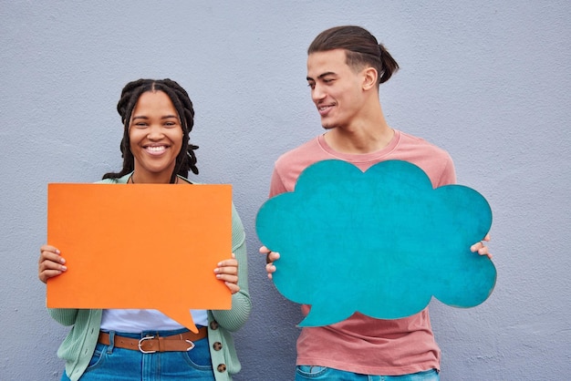 Speech bubble diversity and couple of friends in studio for advertising mockup and and space on grey background Paper banner and woman with man for social networking communication and branding