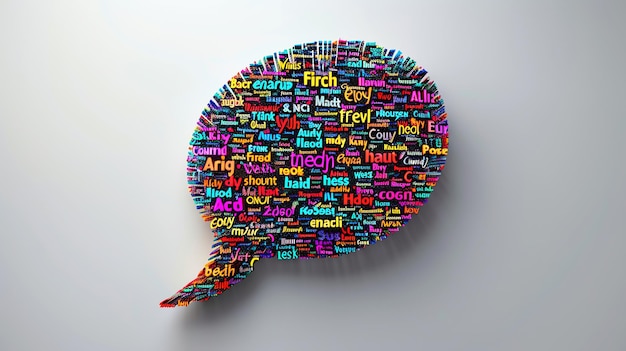 Photo a speech bubble made of colorful words representing communication and ideas