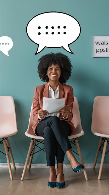 Speech bubble portrait or happy black woman on social media forum for business opinion recruitmen