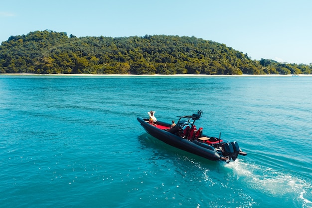 Speed boat in andaman sea, aerial view