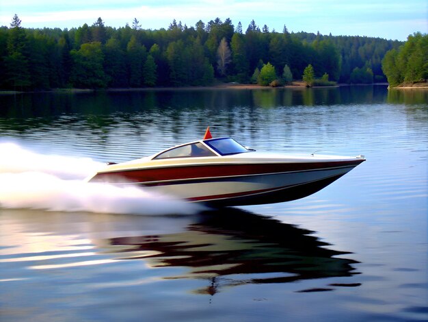 a speed boat is making a wake in the water