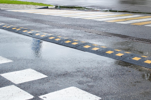 Speed bump on the road at the crosswalk