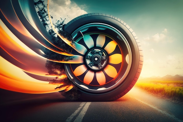 Speed car wheel on a road Automobile and tyre workshop concept AI generative