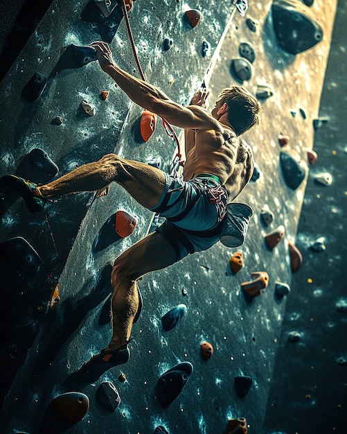 A speed climbing olympic athlete low angle shot he is climbing the wall dramatic lighting wide angle cenimatic ar 45 v 61 Job ID 6a6c150947a2415fa8ff624751347857