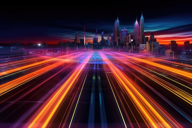 Speed light trails path through smart modern mega city and skyscrapers town with neon Generative Ai