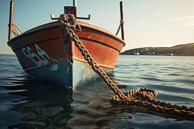 Speedboat s bow with rope bound anchor