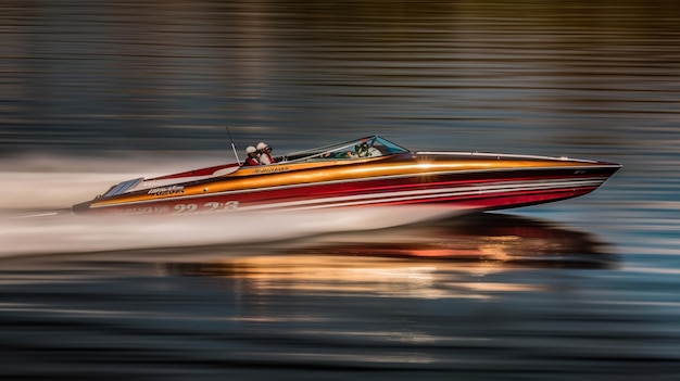 A speedboat with the name of the boat on it