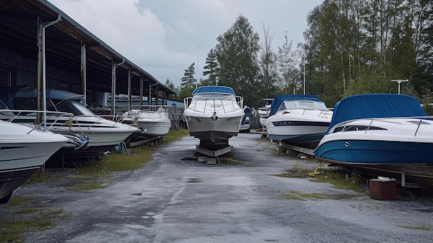 Photo speedboats resting in outdoor yacht garage with overcast sky