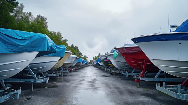 Photo speedboats on stands in a yacht storage facility on a cloudy day