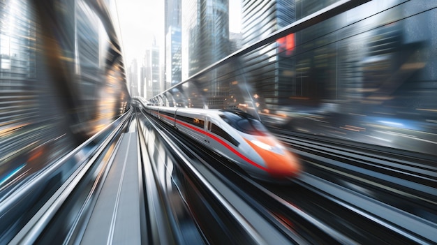 Photo speeding bullet train in urban corridor a highspeed bullet train rushing through a city corri