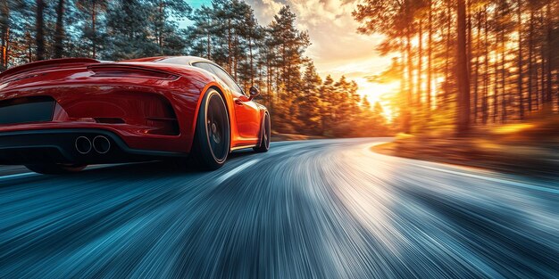 Photo speeding car on winding road in european forest