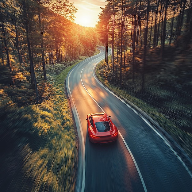 Photo speeding car on winding road in european forest