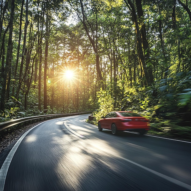 Photo speeding car on winding road in european forest