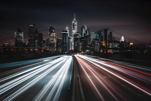 Speeding cars blur against illuminated city skyline backdrop