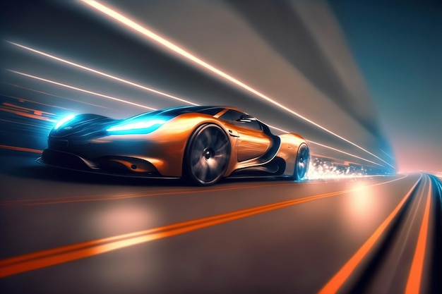 Speeding fast sports car drives on highway road with motion blur effects