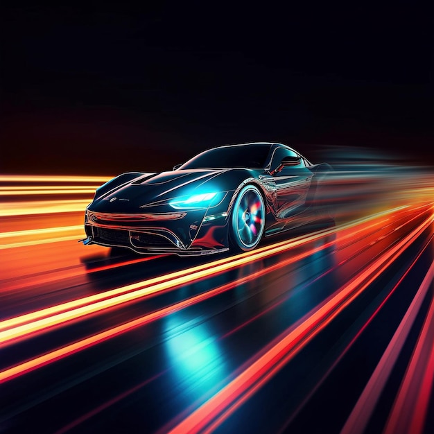 Speeding sport car on neon highway created with generative AI