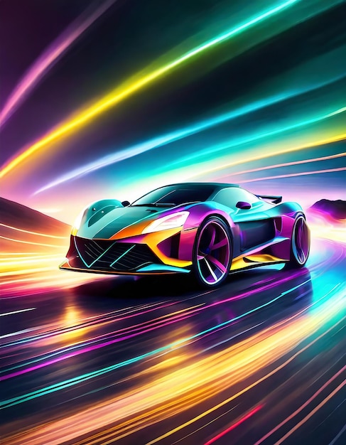 Speeding Sports Car On Neon Highway Powerful acceleration of a supercar on a night track