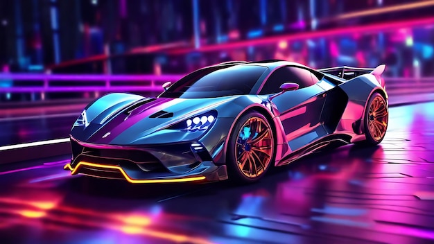 Speeding Sports Car On Neon Highway with colorful lights and trails