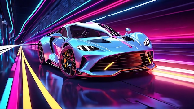 Speeding Sports Car On Neon Highway with colorful lights and trails