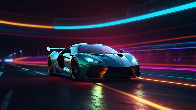 Speeding Sports Car On Neon Highway with colorful lights and trails