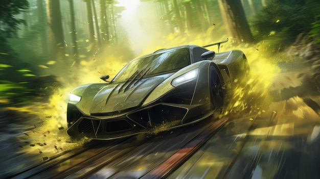 Speeding sports car races through the forest an exhilarating adventure