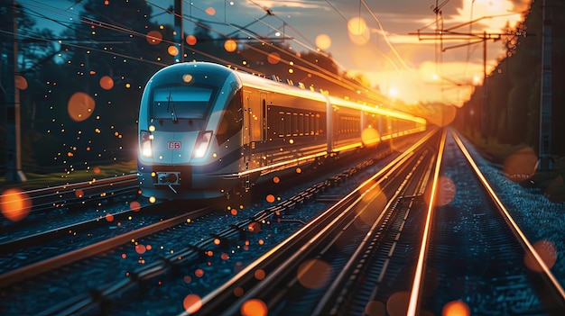 Speeding train on illuminated tracks during sunset