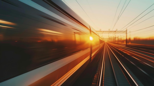 Speeding train at sunset its motion blur evoking the rapid pace of modern life and travel