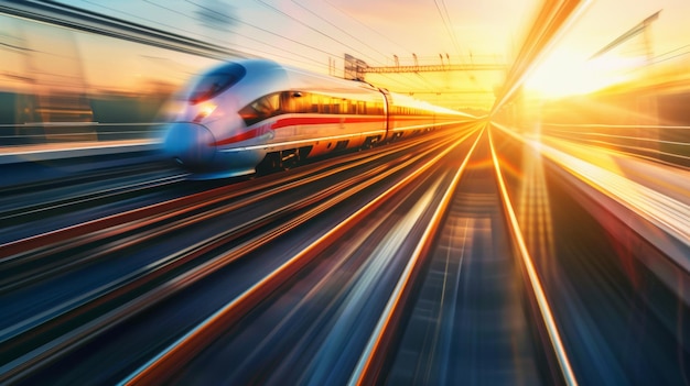 Speeding train at sunset with a dynamic motion blur