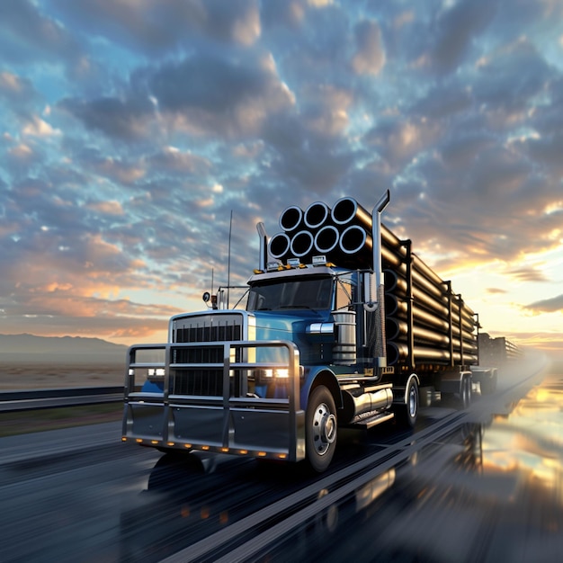 A speeding truck fully loaded with heavy duty pipes