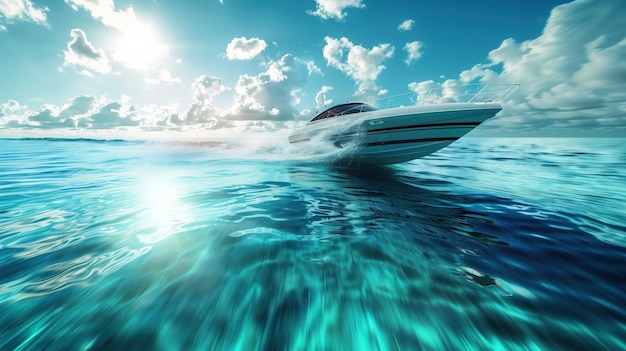 Speeding Vessel on Sunlit Waves A sleek powerboat cuts through the turquoise waters under a radiant sun leaving a trail of white foam in its wake