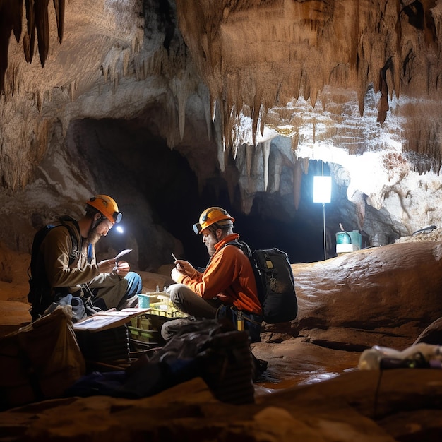 Speleologists with special equipment in a dark karst cave with stalactites and stalagmites