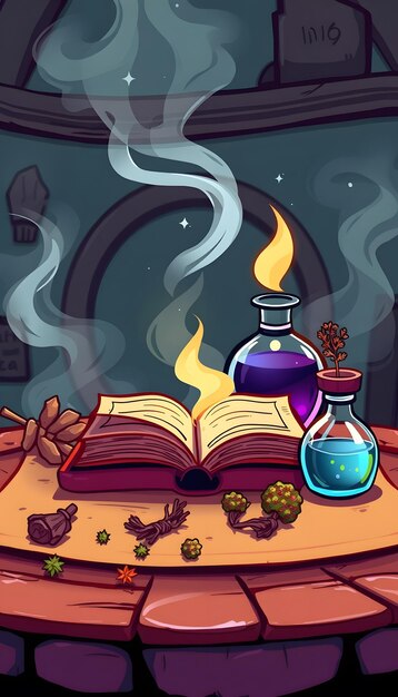 Photo spell book magic potion and dryed herbs on the wizard table background isolated with white