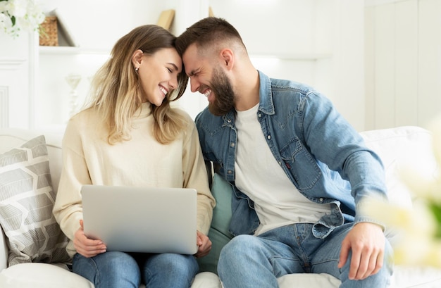 Spending Time Together Loving Couple Surfing Internet On Laptop