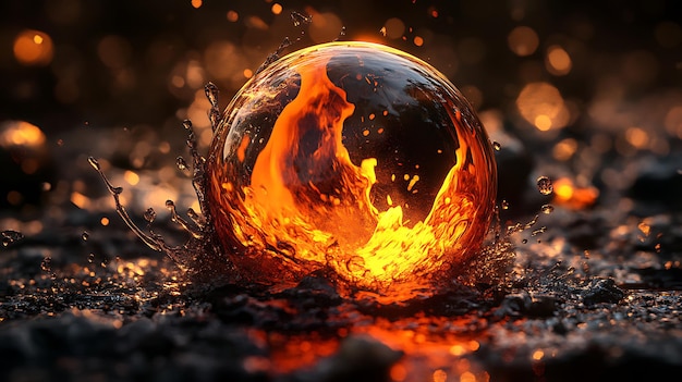 A sphere of fire floats on a bed of hot coals and embers sparks and ash fly in the air