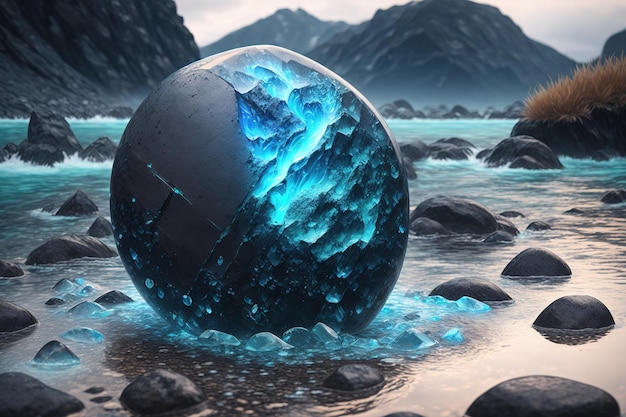 A sphere in the water with a blue background