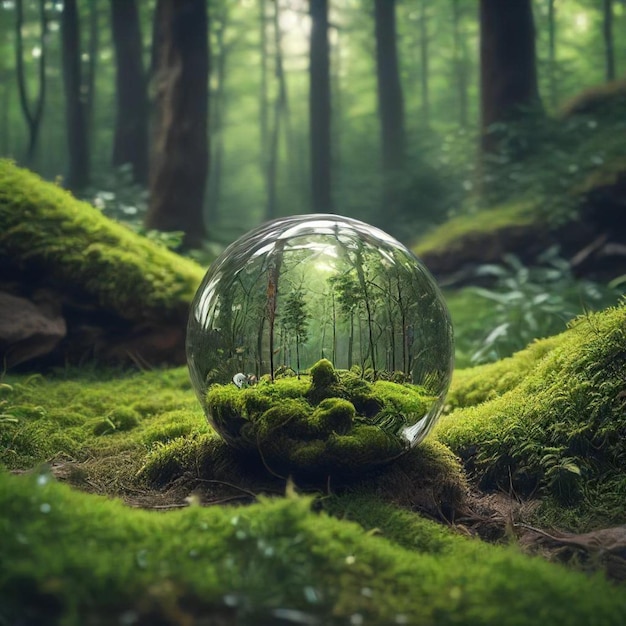 a sphere with moss and trees in the background