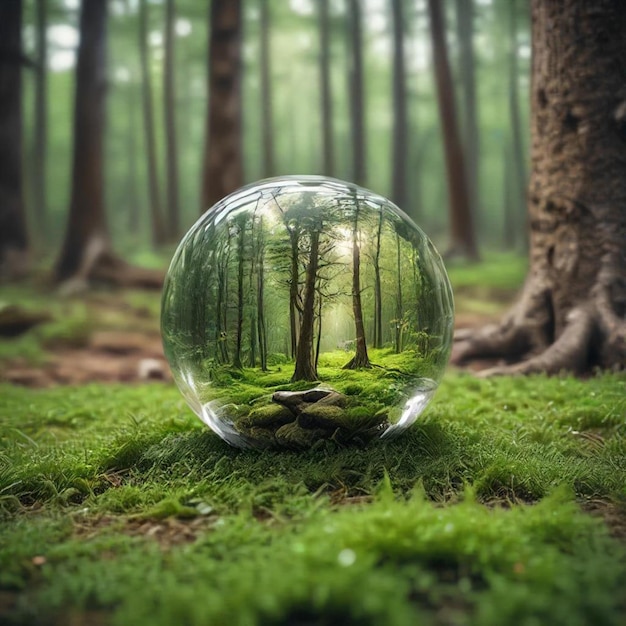 Photo a sphere with a tree in the background and the forest in the background