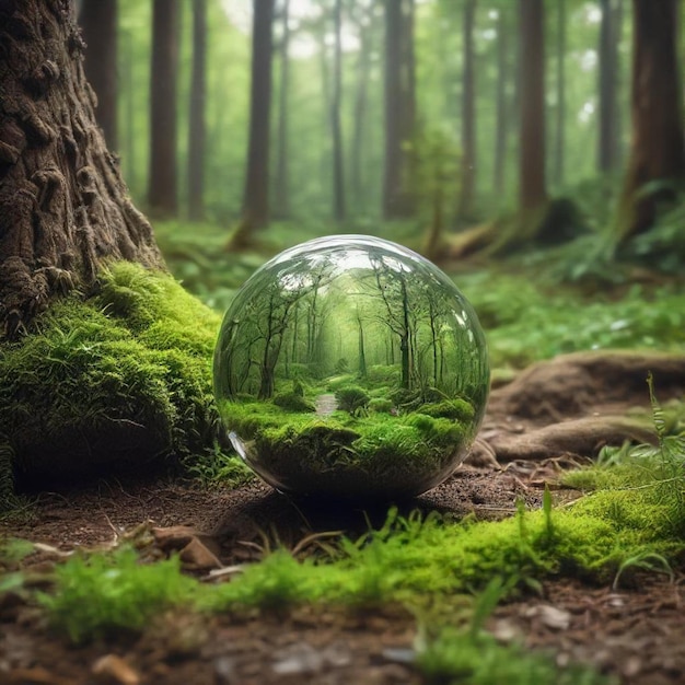 a sphere with a tree in the background and a tree in the middle